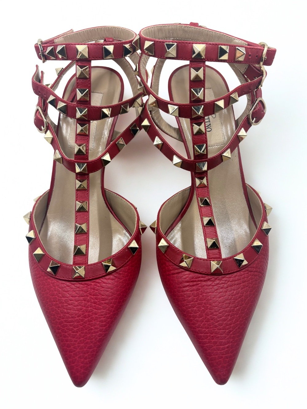 Valentino Garavani Red Pointed-Toe Studded Strappy Heels